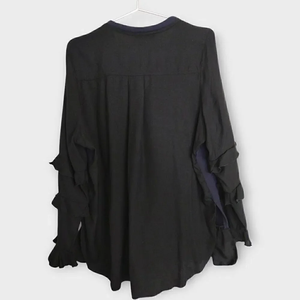 Lane Bryant Womens Top Sz 14-16 Long Ruffle Sleeves Navy Black Pullover Bohemian